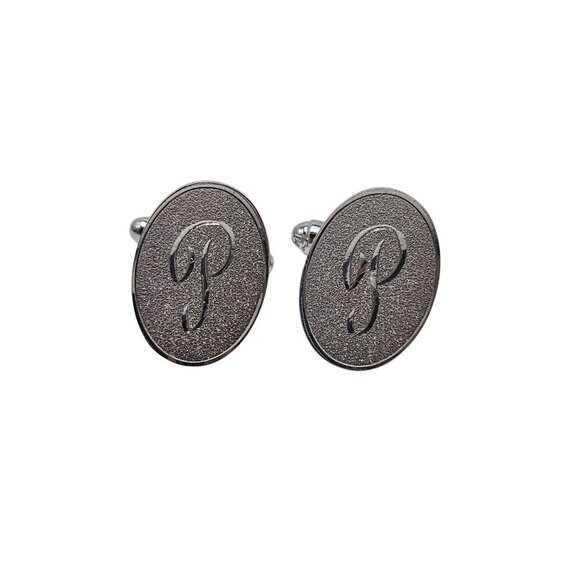 Silver Monogrammed P Oval Cufflinks Vintage Mid Century - Picture 1 of 4